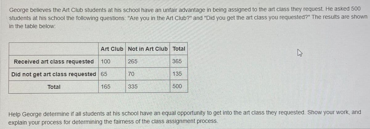 George believes the Art Club students at his school have an unfair advantage in being assigned to the art class they request. He asked 500
students at his school the following questions: "Are you in the Art Club?" and "Did you get the art class you requested?" The results are shown
in the table below:
Art Club Not in Art Club Total
Received art class requested 100
265
365
Did not get art class requested 65
70
135
Total
165
335
500
Help George determine if all students at his school have an equal opportunity to get into the art class they requested. Show your work, and
explain your process for determining the fairness of the class assignment process.
K
