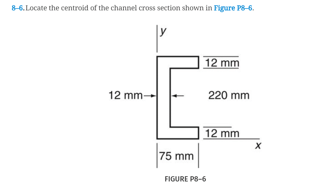 8-6. Locate the centroid of the channel cross section shown in Figure P8-6.
12 mm
12 mm-
75 mm
220 mm
12 mm
FIGURE P8-6
X