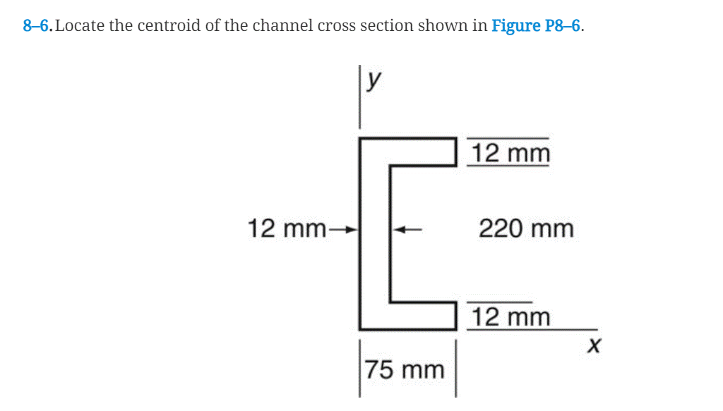 8-6. Locate the centroid of the channel cross section shown in Figure P8-6.
y
12 mm
12 mm-
220 mm
12 mm
75 mm
X