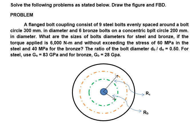 Solve the following problems as stated below. Draw the figure and FBD.
PROBLEM
A flanged bolt coupling consist of 9 steel bolts evenly spaced around a bolt
circle 300 mm. in diameter and 6 bronze bolts on a concentric bplt circle 200 mm.
in diameter. What are the sizes of bolts diameters for steel and bronze, if the
torque applied is 6,000 N-m and without exceeding the stress of 60 MPa in the
steel and 40 MPa for the bronze? The ratio of the bolt diameter dp / ds = 0.50. For
steel, use Gs = 83 GPa and for bronze, Gp = 28 Gpa.
R,
RD
