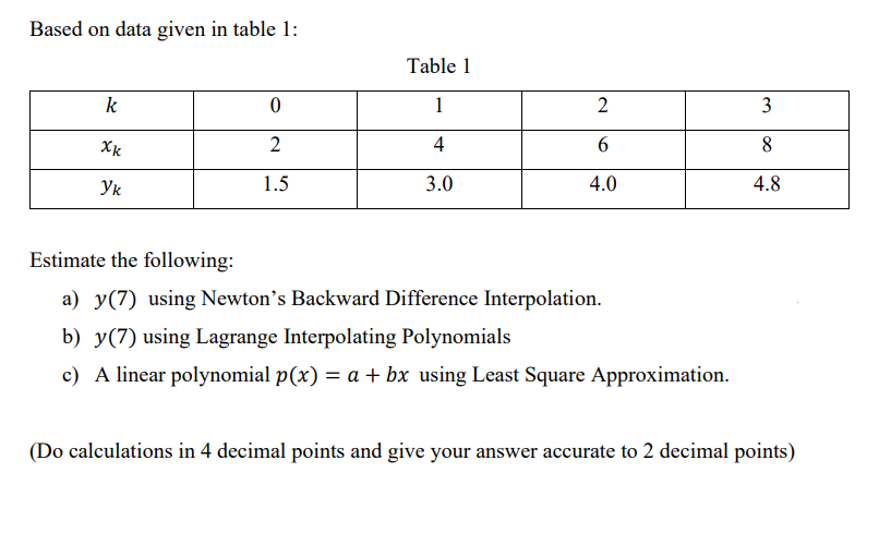 Based on data given in table 1:
k
Xk
Ук
0
2
1.5
Table 1
1
4
3.0
2
6
4.0
Estimate the following:
a) y(7) using Newton's Backward Difference Interpolation.
b) y(7) using Lagrange Interpolating Polynomials
c) A linear polynomial p(x) = a + bx using Least Square Approximation.
3
8
4.8
(Do calculations in 4 decimal points and give your answer accurate to 2 decimal points)