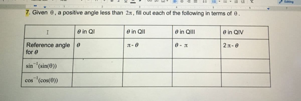 Editing
1.
7. Given 0, a positive angle less than 2r, fill out each of the following in terms of 0.
I
O in QI
O in QII
e in QIII
O in QIV
Reference angle 0
for 0
JT-0
2x-0
sin (sin(0))
-1
cos (cos(0))
