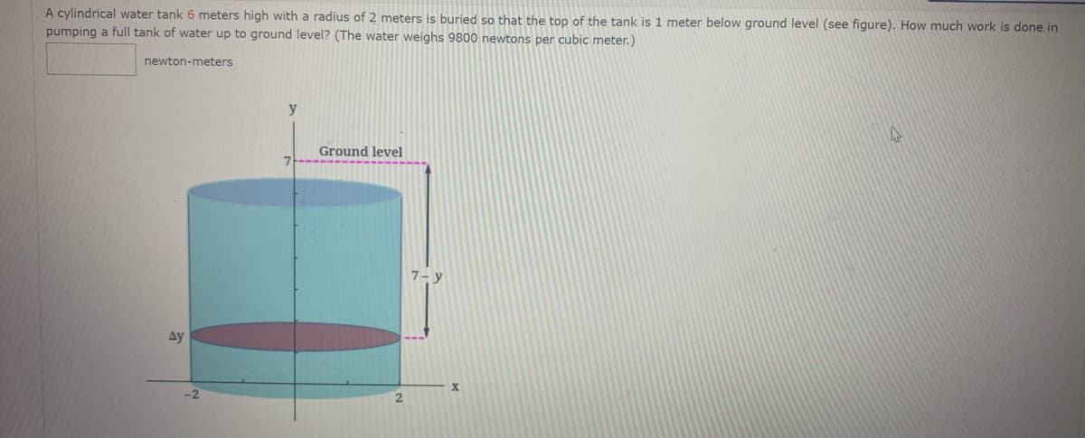 A cylindrical water tank 6 meters high with a radius of 2 meters is buried so that the top of the tank is 1 meter below ground level (see figure). How much work is done in
pumping a full tank of water up to ground level? (The water weighs 9800 newtons per cubic meter.)
newton-meters
y
Ground level
7- y
ду
-2
