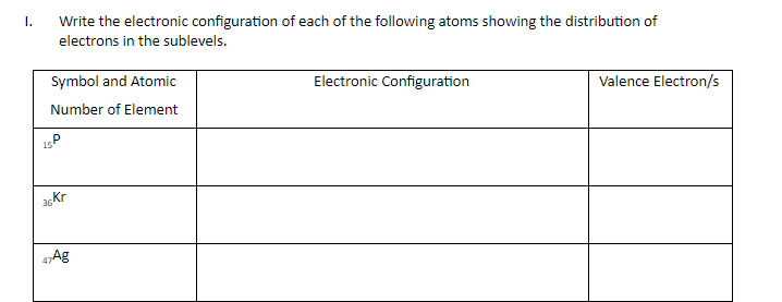 I.
Write the electronic configuration of each of the following atoms showing the distribution of
electrons in the sublevels.
Symbol and Atomic
Electronic Configuration
Valence Electron/s
Number of Element
ackr
aAg
