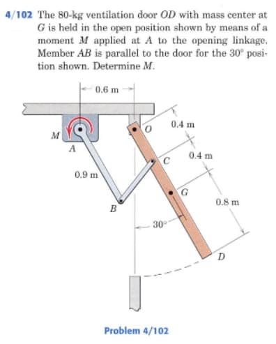 4/102 The 80-kg ventilation door OD with mass center at
G is held in the open position shown by means of a
moment M applied at A to the opening linkage.
Member AB is parallel to the door for the 30° posi-
tion shown. Determine M.
0.6 m
0.4 m
M
0.4 m
0.9 m
G
0.8 m
B
30°
D
Problem 4/102
