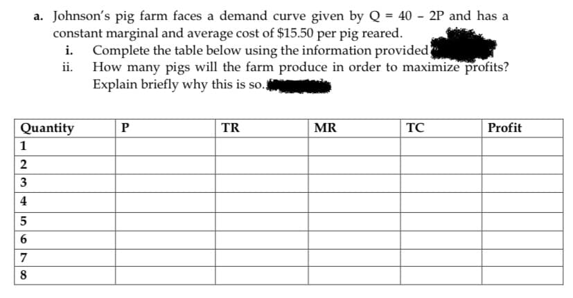 a. Johnson's pig farm faces a demand curve given by Q = 40 - 2P and has a
constant marginal and average cost of $15.50 per pig reared.
Complete the table below using the information provided
ii. How many pigs will the farm produce in order to maximize profits?
Explain briefly why this is so.
Quantity
P
TR
MR
TC
Profit
1
2
3
4
7
LO
