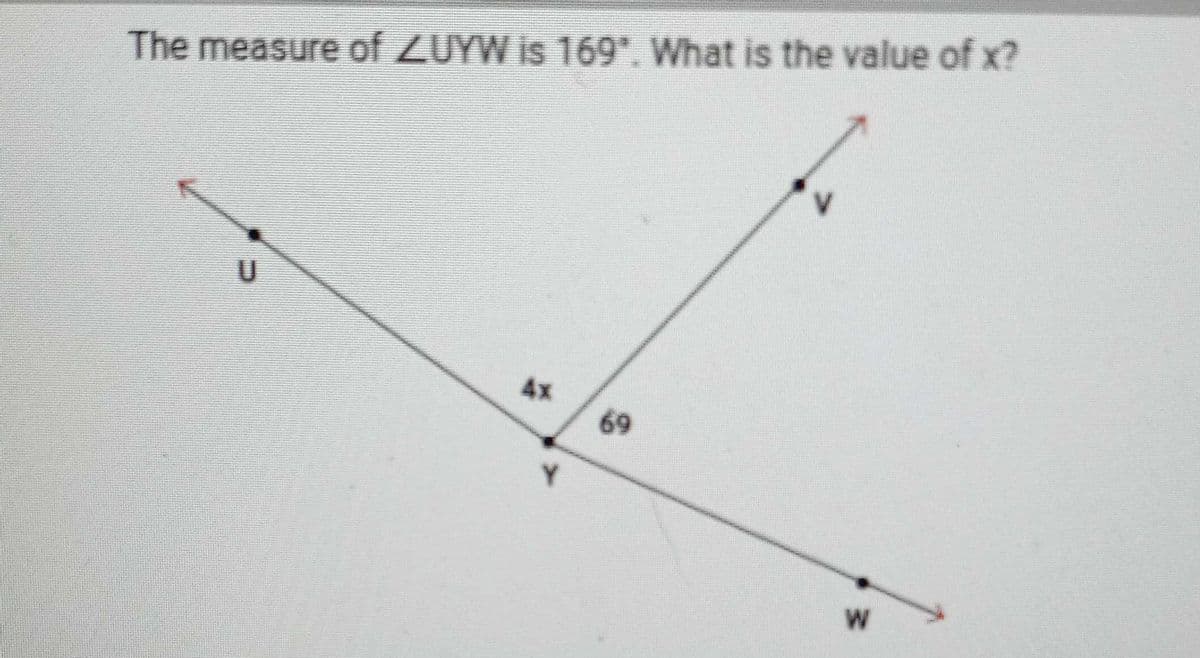 The measure of ZUYW is 169*. What is the value of x?
V.
4x
69
Y.
