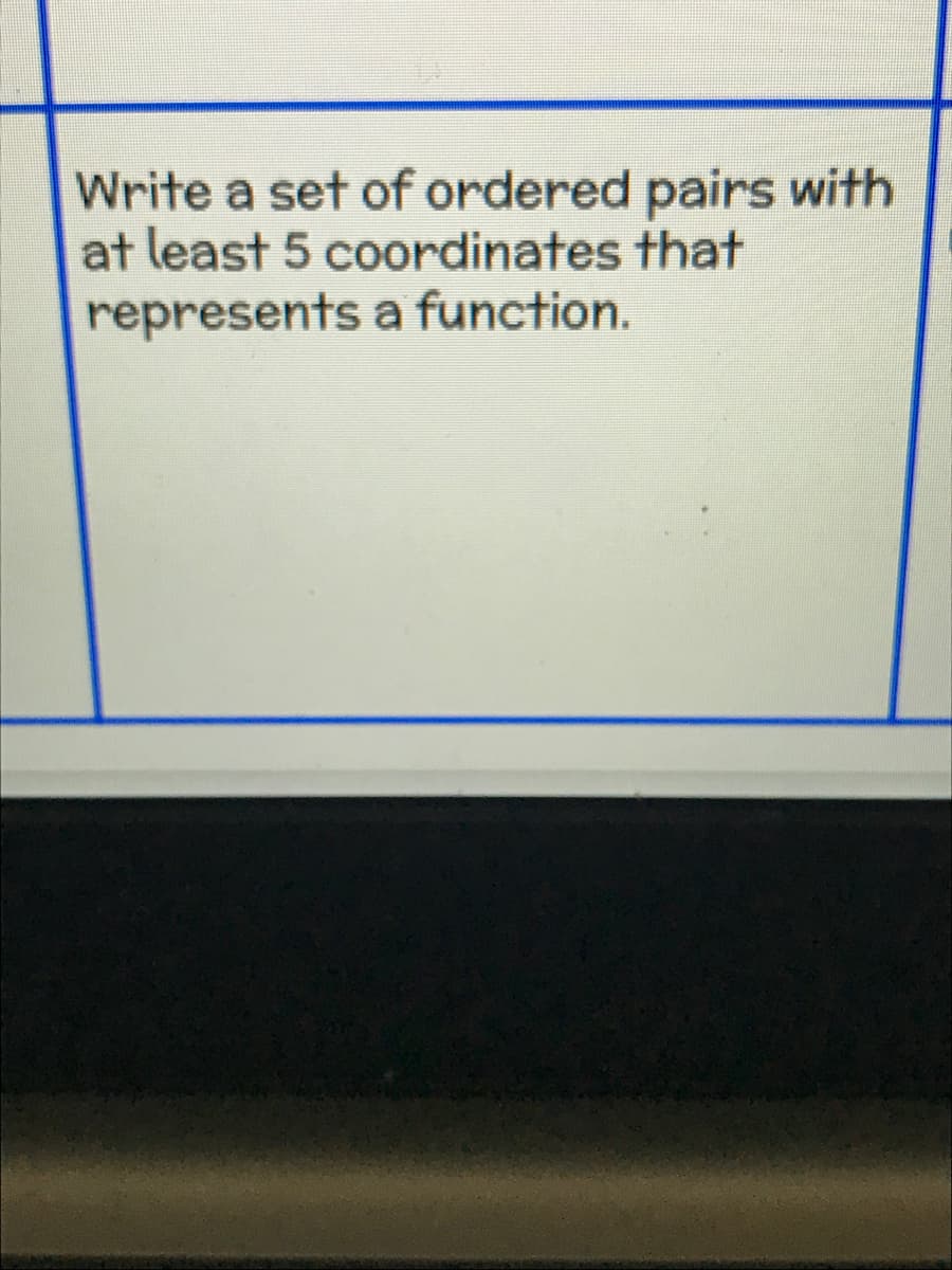 Write a set of ordered pairs with
at least 5 coordinates that
represents a function.

