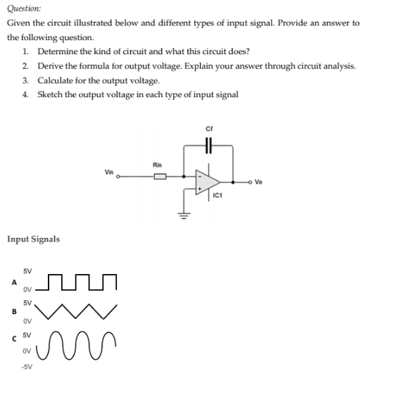 Question:
Given the circuit illustrated below and different types of input signal. Provide an answer to
the following question.
1. Determine the kind of circuit and what this circuit does?
2. Derive the formula for output voltage. Explain your answer through circuit analysis.
3. Calculate for the output voltage.
4. Sketch the output voltage in each type of input signal
Rin
Vin
Vo
IC1
Input Signals
5V
A
OV
лл
5V
B
OV
5V
OV
-5V
