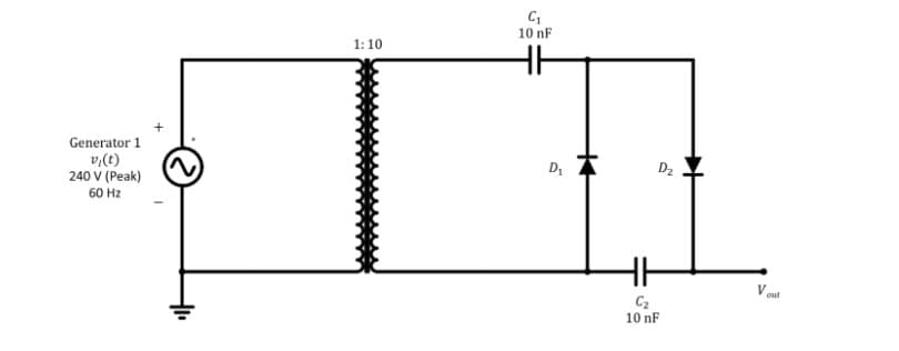 10 nF
1:10
Generator 1
v,(t)
240 V (Peak)
D2
60 Hz
H
out
C2
10 nF

