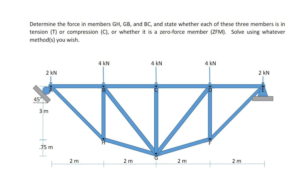Determine the force in members GH, GB, and BC, and state whether each of these three members is in
tension (T) or compression (C), or whether it is a zero-force member (ZFM). Solve using whatever
method(s) you wish.
4 kN
4 kN
4 kN
2 kN
2 kN
45°
3 m
.75 m
2 m
2 m
2 m
2 m
