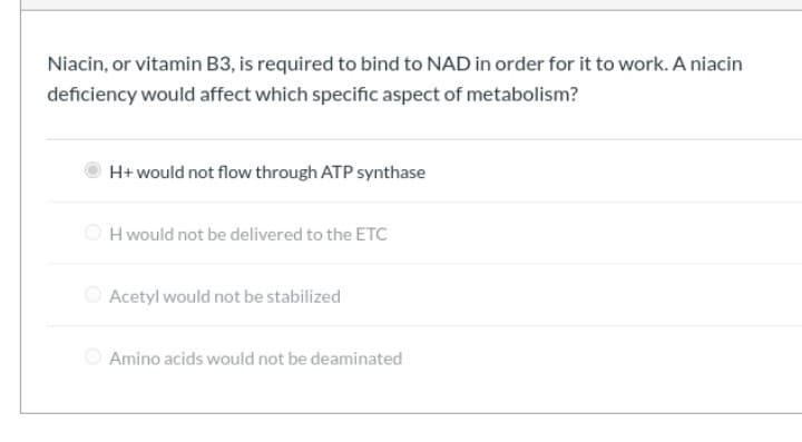 Niacin, or vitamin B3, is required to bind to NAD in order for it to work. A niacin
deficiency would affect which specific aspect of metabolism?

