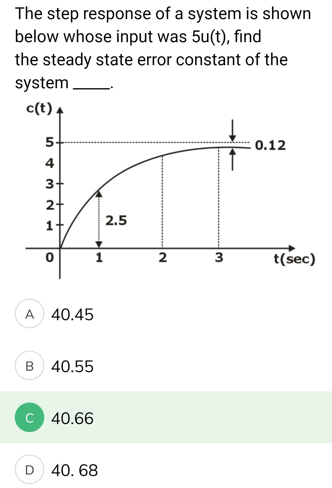 The step response of a system is shown
below whose input was 5u(t), find
the steady state error constant of the
system
c(t)
5
0.12
4
3-
2
2.5
1+
0
A 40.45
B 40.55
C 40.66
D 40.68
1
2
3
t(sec)