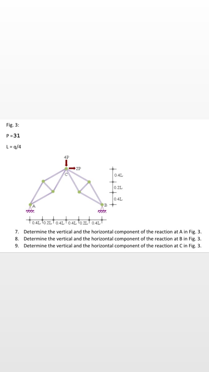 Fig. 3:
P =31
L= q/4
4P
2P
0.4L
0.2L
0.4L
B
toattoartoztot
7. Determine the vertical and the horizontal component of the reaction at A in Fig. 3.
8. Determine the vertical and the horizontal component
the reaction at B in Fig. 3.
9.
Determine the vertical and the horizontal component of the reaction at C in Fig. 3.
