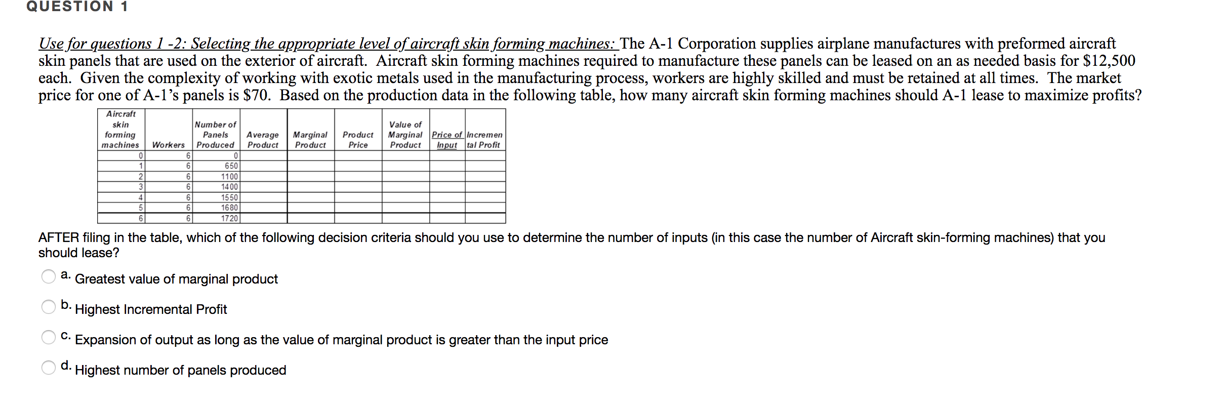 QUESTION 1
Use for questions 1 -2: Selecting the appropriate level of aircraft skin forming machines: The A-1 Corporation supplies airplane manufactures with preformed aircraft
skin panels that are used on the exterior of aircraft. Aircraft skin forming machines required to manufacture these panels can be leased on an as needed basis for $12,500
each. Given the complexity of working with exotic metals used in the manufacturing process, workers are
price for one of A-1's panels is $70. Based on the production data in the following table, how many aircraft skin forming machines should A-1 lease to maximize profits?
highly skilled and must be retained at all times. The market
Aircraft
Number of
Value of
skin
Marginal Price of Incremen
forming
machines
Panels
Average
Marginal
Product
Product
Input tal Profit
Workers
Produced
Product
Price
Product
0
6
0
650
2
6
1100
3
6
1400
1550
4
1680
6
6
1720
AFTER filing in the table, which of the following decision criteria should you use to determine the number of inputs (in this case the number of Aircraft skin-forming machines) that you
should lease?
a. Greatest value of marginal product
b.
Highest Incremental Profit
C.
Expansion of output as long as the value of marginal product is greater than the input price
d
Highest number of panels produced
