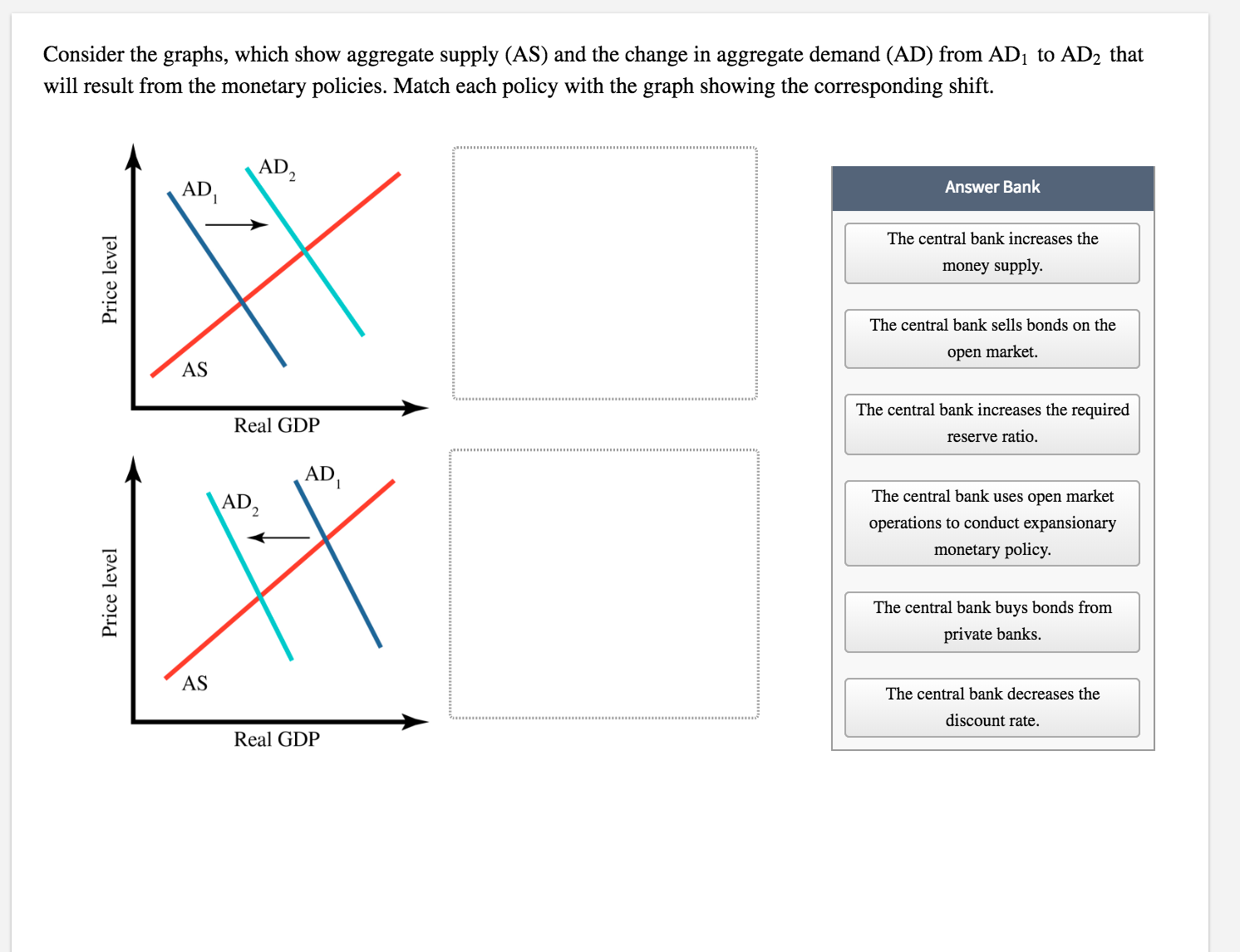 Consider the graphs, which show aggregate supply (AS) and the change in aggregate demand (AD) from ADi to AD2 that
will result from the monetary policies. Match each policy with the graph showing the corresponding shift.
AD
AD
Answer Bank
The central bank increases the
money supply.
The central bank sells bonds on the
open market.
AS
The central bank increases the required
Real GDIP
reserve ratio
AD
The central bank uses open market
operations to conduct expansionary
monetary policy.
AD
The central bank buys bonds from
private banks.
The central bank decreases the
discount rate
Real GDIP
