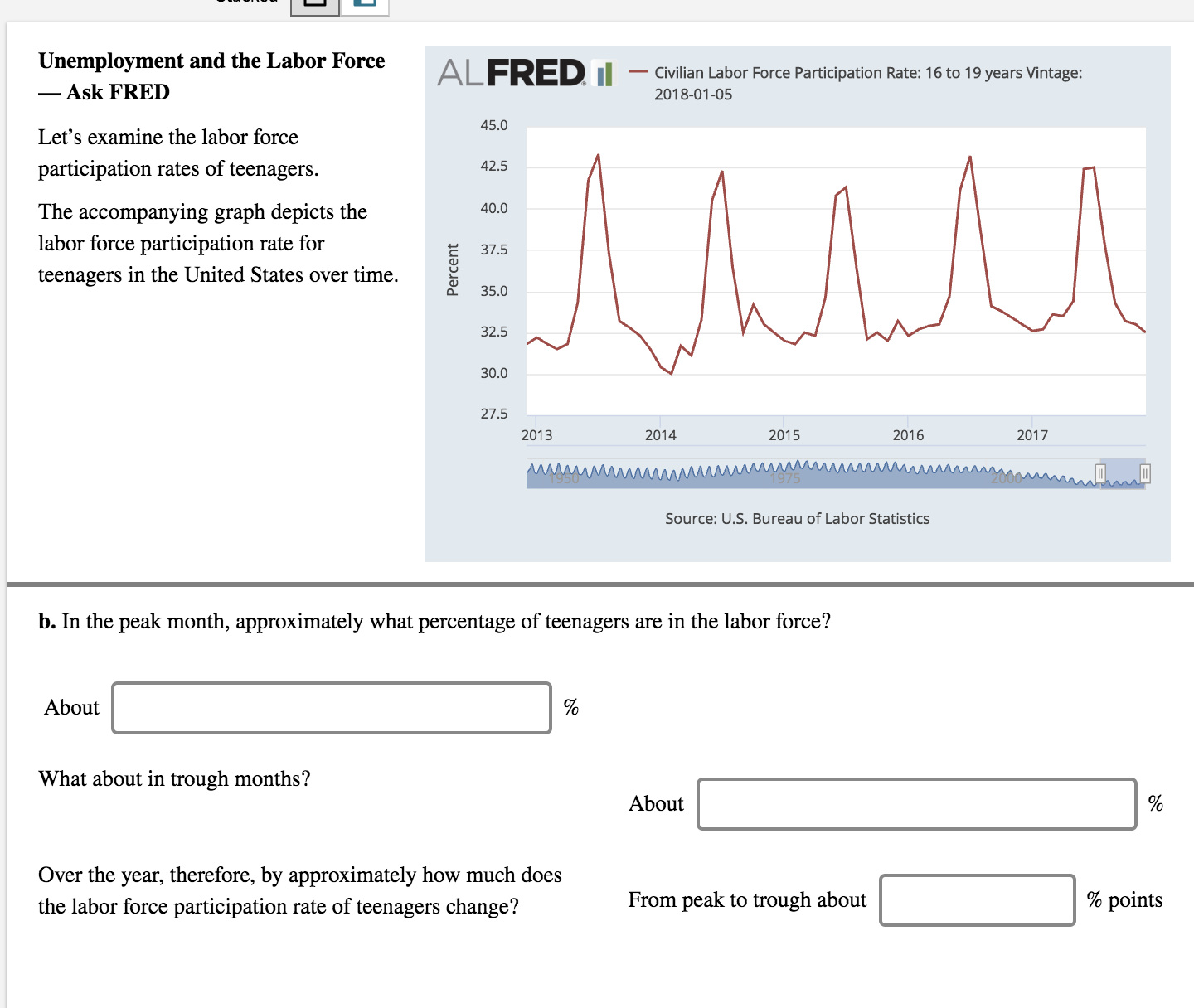 Unemployment and the Labor ForceALFRED Il
Cvillan Labor Force Participation Rate: 16 to 19 years Vintage
Ask FRED
Let's examine the labor force
participation rates of teenagers.
2018-01-05
45.0
42.5
40.0
The accompanying graph depicts the
labor force participation rate for
teenagers in the United States over time.
E 37.5
g 35.0
32.5
30.0
27.5
2013
2014
2015
2016
2017
Source: U.S. Bureau of Labor Statistics
b. In the peak month, approximately what percentage of teenagers are in the labor force?
About
What about in trough months?
About
Over the year, therefore, by approximately how much does
the labor force participation rate of teenagers change?
From peak to trough about
% points
