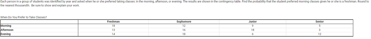 Each person in a group of students was identified by year and asked when he or she preferred taking classes: in the morning, afternoon, or evening. The results are shown in the contingency table. Find the probability that the student preferred morning classes given he or she is a freshman. Round to
the nearest thousandth. Be sure to show and explain your work.
When Do You Prefer to Take Classes?
Freshman
Sophomore
Junior
Senior
Morning
Afternoon
Evening
18
12
13
16
18
3
14
18
6
12
