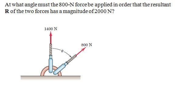 At what angle must the 800-N force be applied in order that the resultant
R of the two forces has a magnitude of 2000 N?
1400 N
800 N
