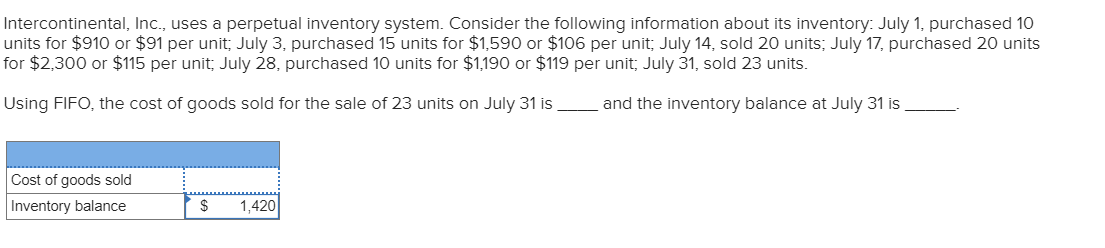 Intercontinental, Inc., uses a perpetual inventory system. Consider the following information about its inventory: July 1, purchased 10
units for $910 or $91 per unit, July 3, purchased 15 units for $1,590 or $106 per unit, July 14, sold 20 units; July 17, purchased 20 units
for $2,300 or $115 per unit, July 28, purchased 10 units for $1,190 or $119 per unit, July 31, sold 23 units.
Using FIFO, the cost of goods sold for the sale of 23 units on July 31 is
and the inventory balance at July 31 is
Cost of goods sold
1,420
Inventory balance
