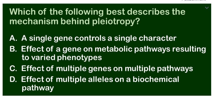 Which of the following best describes the
mechanism behind pleiotropy?
A. A single gene controls a single character
B. Effect of a gene on metabolic pathways resulting
to varied phenotypes
C. Effect of multiple genes on multiple pathways
D. Effect of multiple alleles on a biochemical
pathway
