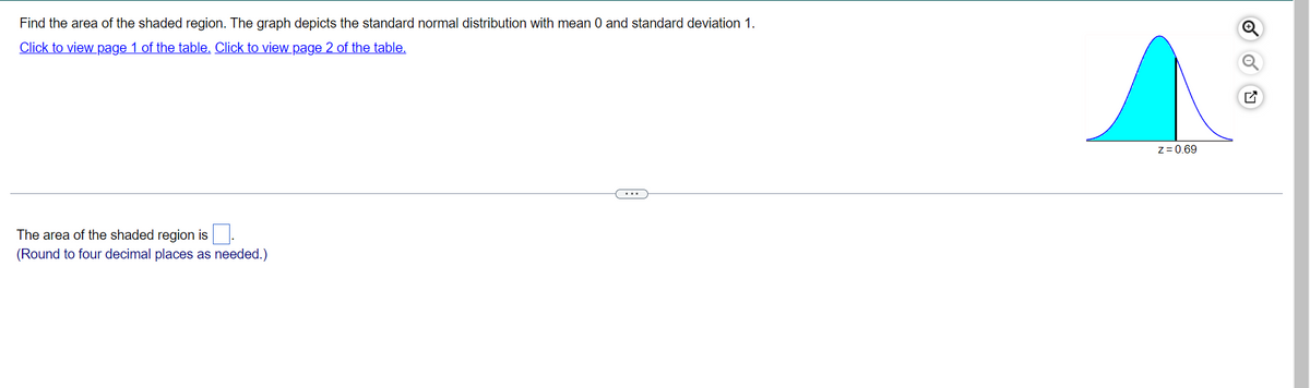 Find the area of the shaded region. The graph depicts the standard normal distribution with mean 0 and standard deviation 1.
Click to view page 1 of the table. Click to view page 2 of the table.
The area of the shaded region is
(Round to four decimal places as needed.)
z = 0.69