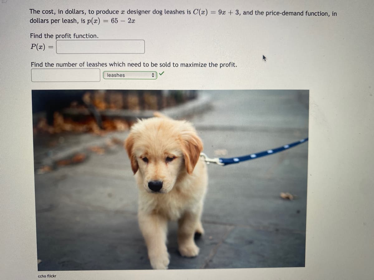 The cost, in dollars, to produce a designer dog leashes is C(x) = 9x + 3, and the price-demand function, in
dollars per leash, is p(x) = 65 - 2x
Find the profit function.
P(x) =
=
Find the number of leashes which need to be sold to maximize the profit.
leashes
ccho flickr