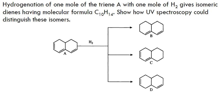Hydrogenation of one mole of the triene A with one mole of H, gives isomeric
dienes having molecular formula CH,4. Show how UV spectroscopy could
distinguish these isomers.
B
H2
88
