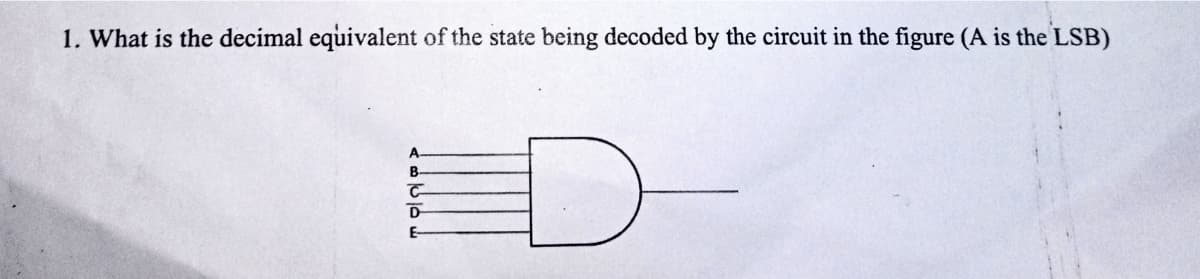1. What is the decimal equivalent of the state being decoded by the circuit in the figure (A is the LSB)
ED
A.
B.
