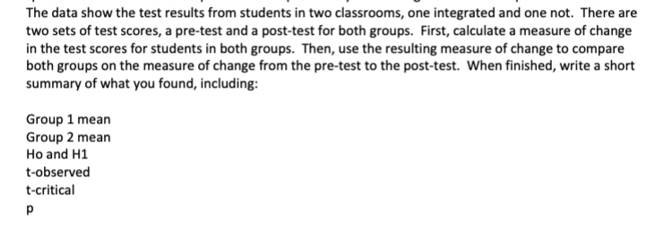 The data show the test results from students in two classrooms, one integrated and one not. There are
two sets of test scores, a pre-test and a post-test for both groups. First, calculate a measure of change
in the test scores for students in both groups. Then, use the resulting measure of change to compare
both groups on the measure of change from the pre-test to the post-test. When finished, write a short
summary of what you found, including:
Group 1 mean
Group 2 mean
Ho and H1
t-observed
t-critical
