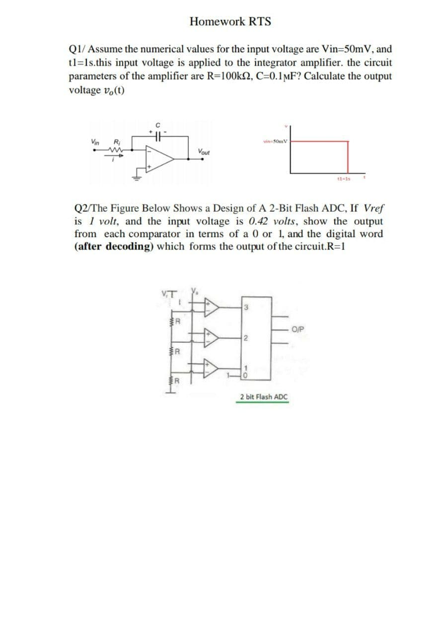 Homework RTS
Q1/ Assume the numerical values for the input voltage are Vin=50mV, and
tl=ls.this input voltage is applied to the integrator amplifier. the circuit
parameters of the amplifier are R=100kN, C=0.1MF? Calculate the output
voltage vo(t)
Vin
Ri
Vout
t1-1s
Q2/The Figure Below Shows a Design of A 2-Bit Flash ADC, If Vref
is 1 volt, and the input voltage is 0.42 volts, show the output
from each comparator in terms of a 0 or 1, and the digital word
(after decoding) which forms the output of the circuit.R=1
VT
3
R
O/P
2 bit Flash ADC
