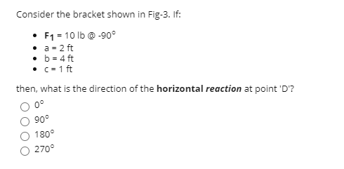 Consider the bracket shown in Fig-3. If:
• F1 - 10 lb @ -90°
• a = 2 ft
• b = 4 ft
• c= 1 ft
then, what is the direction of the horizontal reaction at point 'D'?
0°
90°
180°
270°
