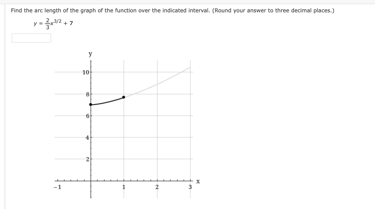 Find the arc length of the graph of the function over the indicated interval. (Round your answer to three decimal places.)
+ 7
y
10
4
2
X
-1
3.
