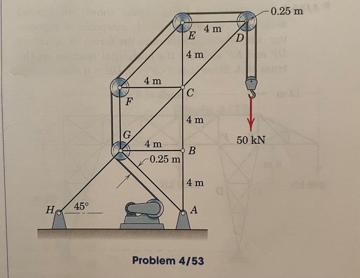 0.25 m
4 m
4 m
Intuo
4 m
F
4 m
G
4 m
50 kN
0.25 m
4 m
45°
Ho
Problem 4/53
