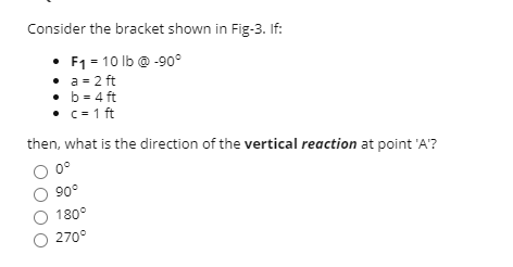 Consider the bracket shown in Fig-3. If:
• F1 = 10 lb @ -90°
• a = 2 ft
• b = 4 ft
• c= 1 ft
then, what is the direction of the vertical reaction at point 'A'?
0°
90°
180°
O 270°
