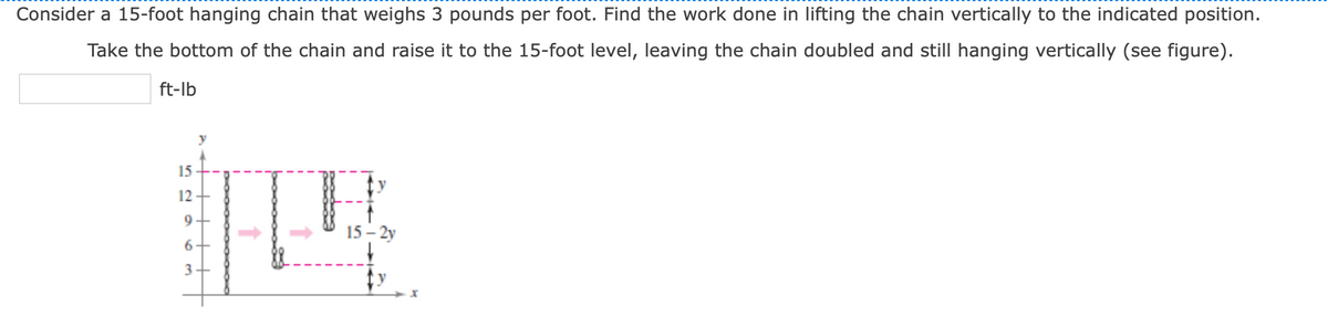 Consider a 15-foot hanging chain that weighs 3 pounds per foot. Find the work done in lifting the chain vertically to the indicated position.
Take the bottom of the chain and raise it to the 15-foot level, leaving the chain doubled and still hanging vertically (see figure).
ft-lb
y
15
12
9
15 – 2y
6+
3
