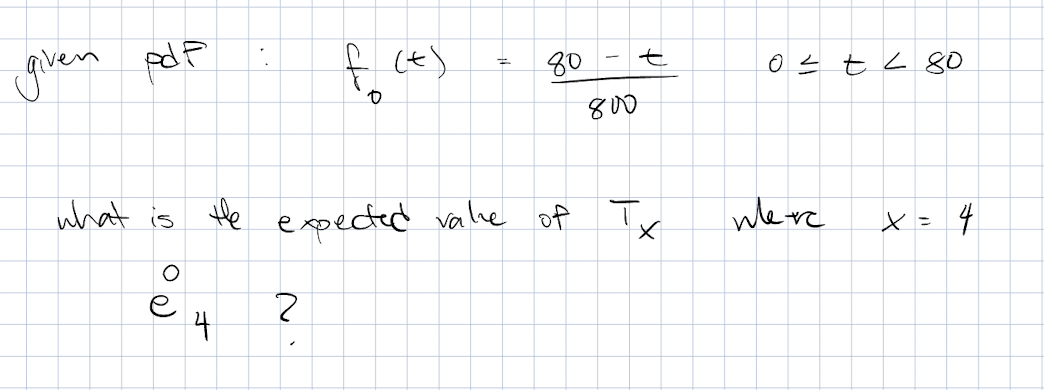 given pdf
"
O
f (*)
D
2
=
what is the expected vale of
80-t
800
T.
x
0 ≤ t ≤ 80
were
4