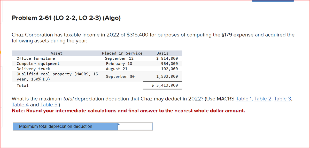 Problem 2-61 (LO 2-2, LO 2-3) (Algo)
Chaz Corporation has taxable income in 2022 of $315,400 for purposes of computing the §179 expense and acquired the
following assets during the year:
Asset
Office furniture
Computer equipment
Delivery truck
Qualified real property (MACRS, 15
year, 150% DB)
Total
Placed in Service
September 12
February 10
August 21
September 30
Maximum total depreciation deduction
Basis
$814,000
964,000
102,000
1,533,000
$ 3,413,000
What is the maximum total depreciation deduction that Chaz may deduct in 2022? (Use MACRS Table 1, Table 2, Table 3,
Table 4 and Table 5.)
Note: Round your intermediate calculations and final answer to the nearest whole dollar amount.