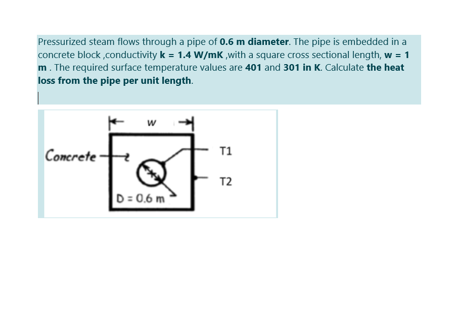 Pressurized steam flows through a pipe of 0.6 m diameter. The pipe is embedded in a
concrete block ,conductivity k = 1.4 W/mK ,with a square cross sectional length, w = 1
m. The required surface temperature values are 401 and 301 in K. Calculate the heat
loss from the pipe per unit length.
w
Concrete
T1
T2
D = 0.6 m
