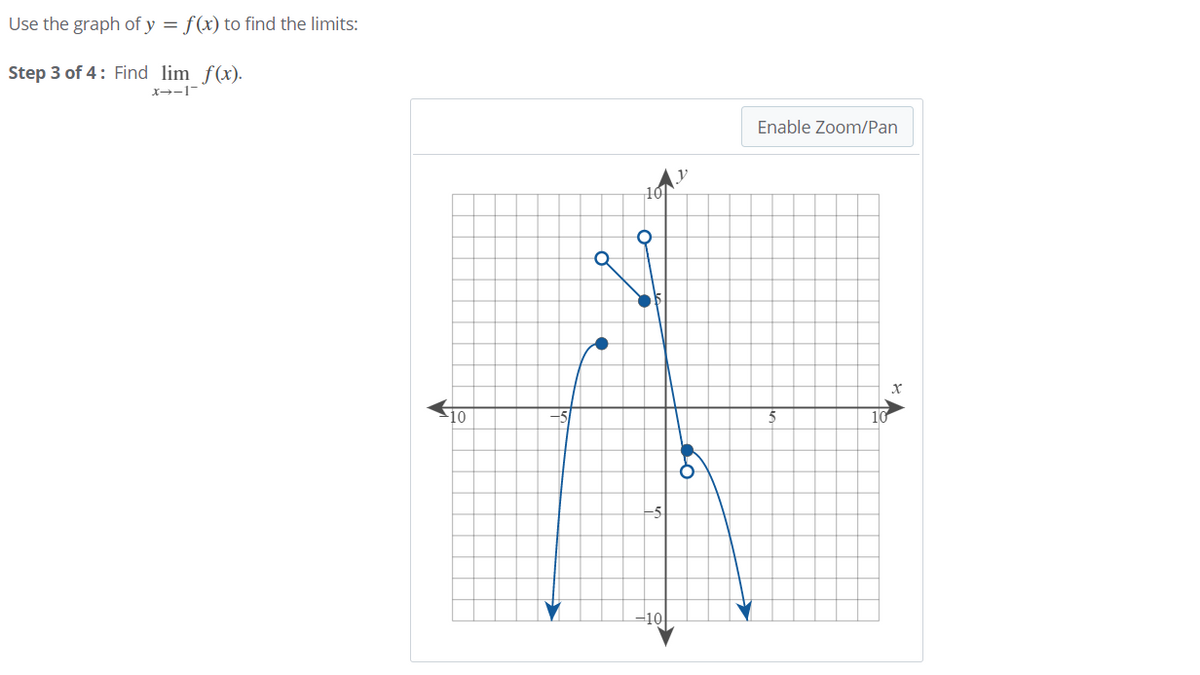 Use the graph of y = f(x) to find the limits:
Step 3 of 4: Find lim f(x).
X→-1-
Enable Zoom/Pan
10
10
-5
