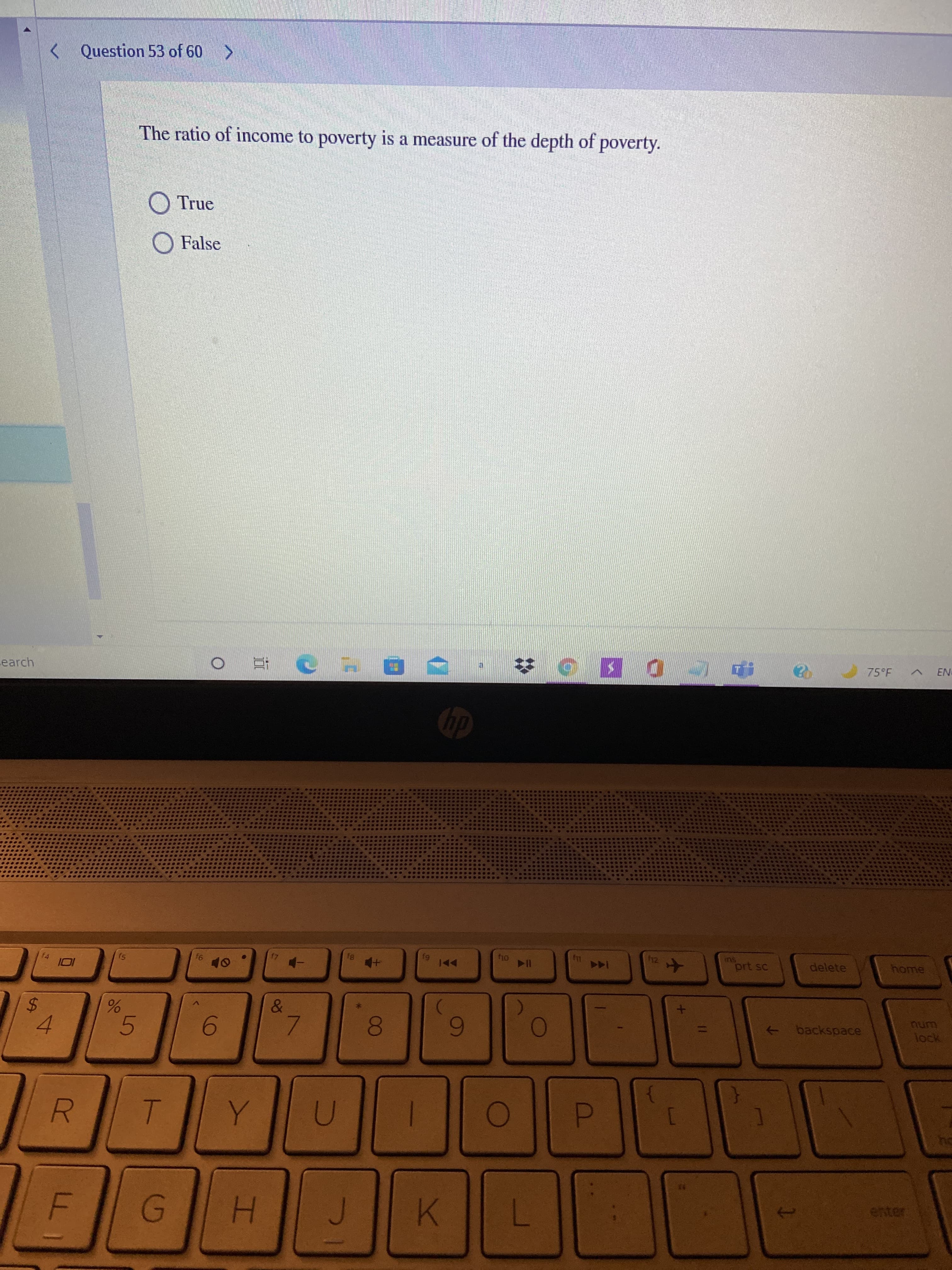 %24
< Question 53 of 60 >
The ratio of income to poverty is a measure of the depth of poverty.
O True
O False
earch
中に0S
94
81
5
sur
prt sc
144
delete
home
6.
7.
00
6.
backspace
->
num
R.
D.
H.
enter
