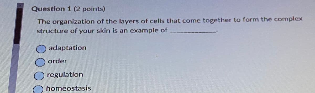 Question 1 (2 points)
The organization of the layers of cells that come together to form the complex
structure of your skin is an example of
adaptation
O order
Oregulation
homeostasis