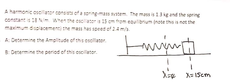 A harmonic oscillator consists of a spring-mass system. The mass is 1.3 kg and the spring
constant is 18 N/m. When the oscillator is 15 cm from equilibrium (note this is not the
maximum displacement) the mass has speed of 2.4 m/s.
A: Determine the Amplitude of this oscillator.
8: Determine the period of this oscillator.
X= IScm
