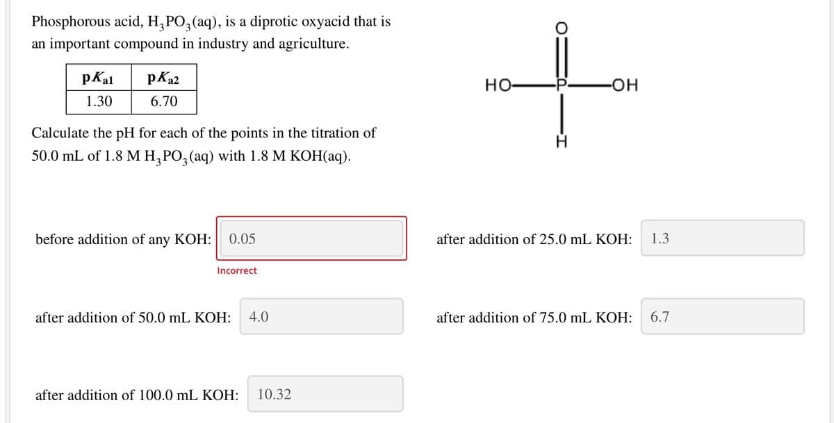 Phosphorous acid, H,PO,(aq), is a diprotic oxyacid that is
an important compound in industry and agriculture.
pKal
pKa2
Но—
1.30
6.70
Calculate the pH for each of the points in the titration of
50.0 mL of 1.8 MН, РО,(аq) with 1.8 М КОН(аq).
before addition of any KOH: 0.05
after addition of 25.0 mL KOH:
1.3
Incorrect
after addition of 50.0 mL KOH:
4.0
after addition of 75.0 mL KOH:
6.7
after addition of 100.0 mL KOH:
10.32
