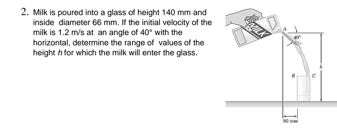 2. Milk is poured into a glass of height 140 mm and
inside diameter 66 mm. If the initial velocity of the
milk is 1.2 m/s at an angle of 40° with the
horizontal, determine the range of values of the
height h for which the milk will enter the glass.
EMILK
40°
B
C
80 mm
