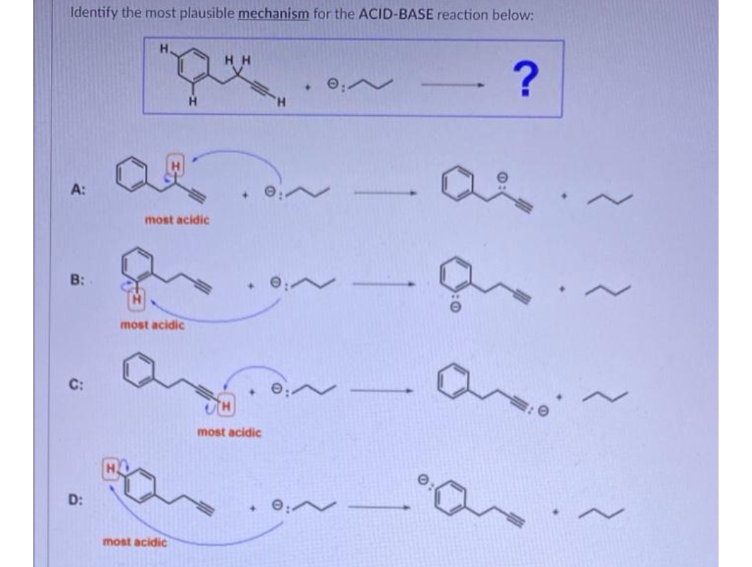 Identify the most plausible mechanism for the ACID-BASE reaction below:
H.
H H
H.
A:
most acidic
B:
most acidic
C:
[+]
most acidic
D:
most acidic
