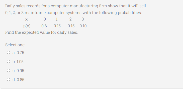 Daily sales records for a computer manufacturing firm show that it will sell
0,1, 2, or 3 mainframe computer systems with the following probabilities.
1
2 3
p(x)
0.6
0.15
0.15 0.10
Find the expected value for daily sales.
Select one:
O a. 0.75
O b. 1.05
O c. 0.95
O d. 0.85
