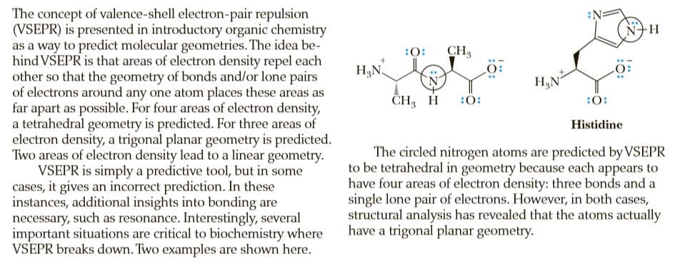 The concept of valence-shell electron-pair repulsion
(VSEPR) is presented in introductory organic chemistry
as a way to predict molecular geometries. The idea be-
hind VSEPR is that areas of electron density repel each
other so that the geometry of bonds and/or lone pairs
of electrons around any one atom places these areas as
far apart as possible. For four areas of electron density,
a tetrahedral geometry is predicted. For three areas of
electron density, a trigonal planar geometry is predicted.
Two areas of electron density lead to a linear geometry.
VSEPR is simply a predictive tool, but in some
cases, it gives an incorrect prediction. In these
instances, additional insights into bonding are
necessary, such as resonance. Interestingly, several
important situations are critical to biochemistry where
VSEPR breaks down. Two examples are shown here.
:O:
CH3
H,N
H3N
CH3 H
:0:
:0:
Histidine
The circled nitrogen atoms are predicted by VSEPR
to be tetrahedral in geometry because each appears to
have four areas of electron density: three bonds and a
single lone pair of electrons. However, in both cases,
structural analysis has revealed that the atoms actually
have a trigonal planar geometry.
