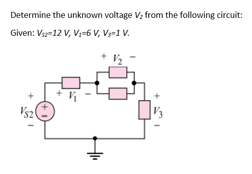 Determine the unknown voltage V2 from the following circuit:
Given: Vs2=12 V, V;=6 V, V3=1 V.
V2
И
Vs2
