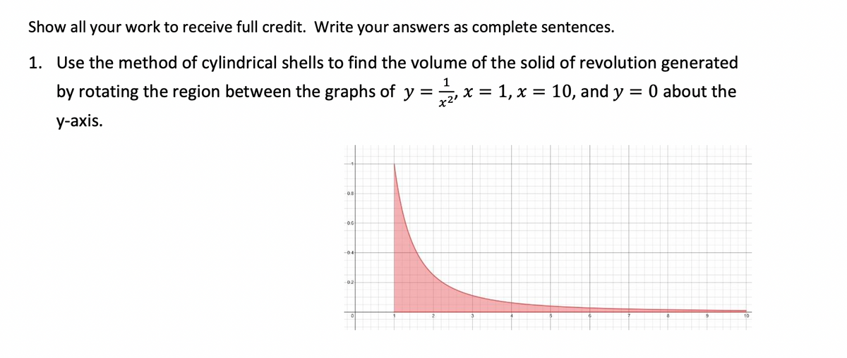 Show all your work to receive full credit. Write your answers as complete sentences.
1. Use the method of cylindrical shells to find the volume of the solid of revolution generated
by rotating the region between the graphs of y= -1, x = 1, x = 10, and y = 0 about the
y-axis.
1
x²
+2²
0.8
0.6
-0-4
02
8
9
10